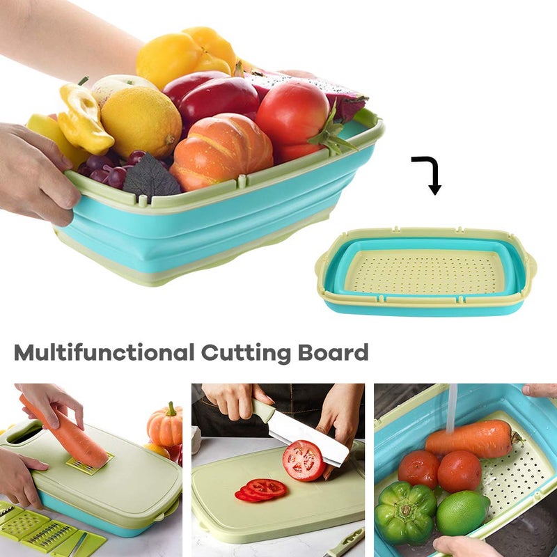 Gintan Camping Cutting Board  9-in-1 Collapsible Chopping Board with Colander  Gifts for Campers Happy Camper Camping Accessories for RV Campers(Blue Green) - Image 5